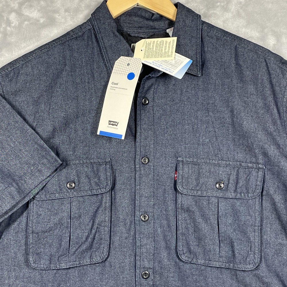 Levis Performance Coolmax Short Sleeve Button Up Shirt Blue Oversized Mens S NEW